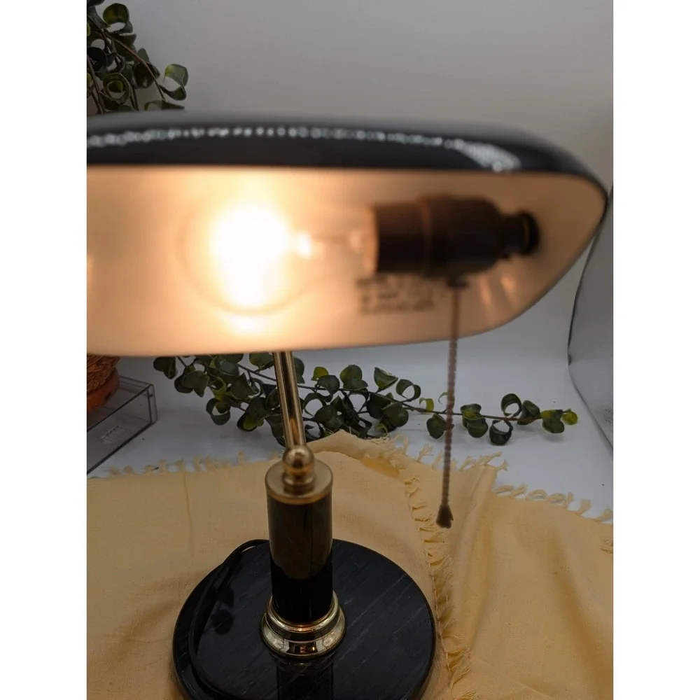 Vtg Black Bankers Desk  Lamp, Heavy Marble Base & Shaft Pull Chain Library